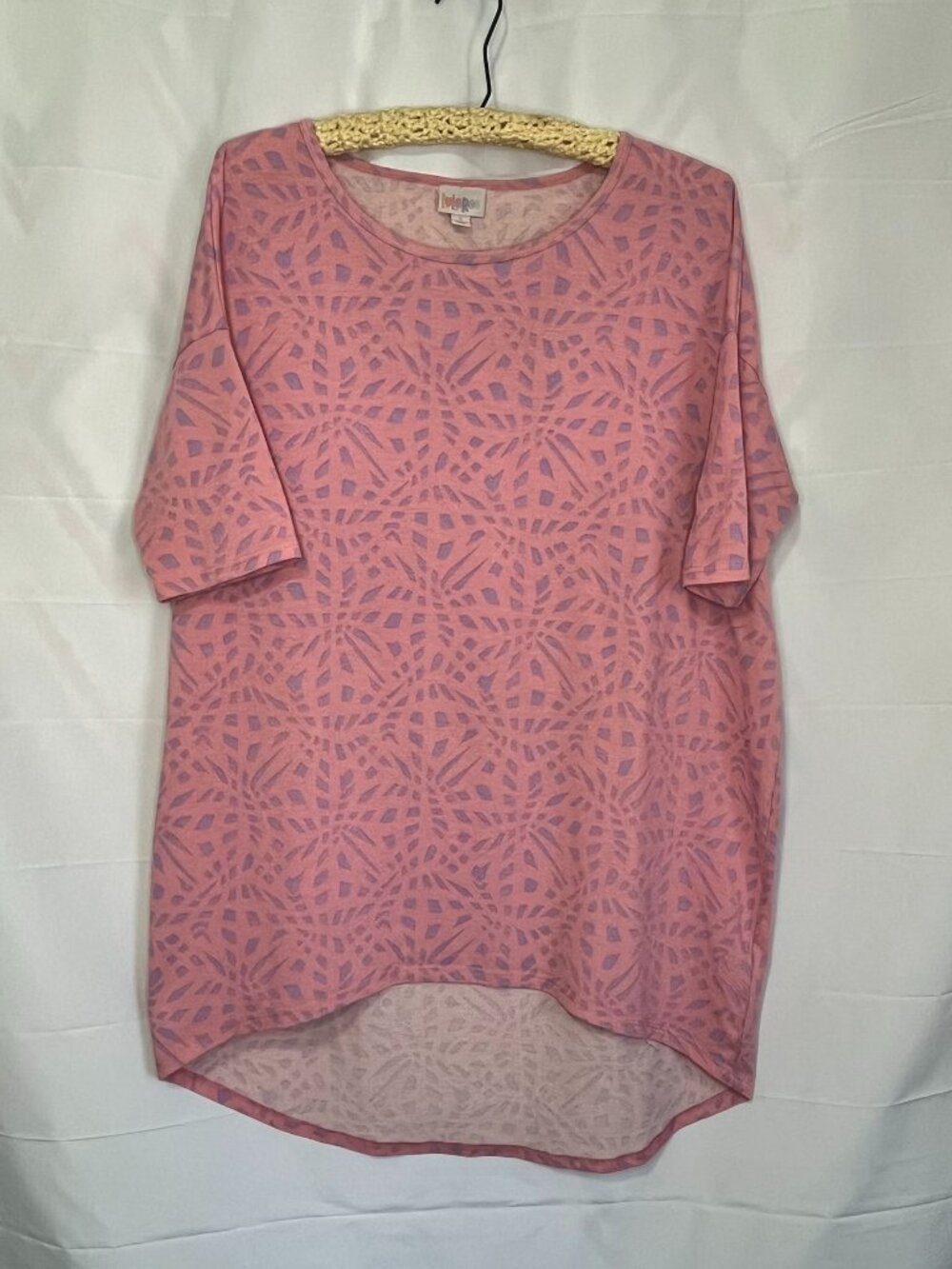LuLaRoe Irma Shirt Size Small Short Sleeve Tunic Top Pink Purple Geometric